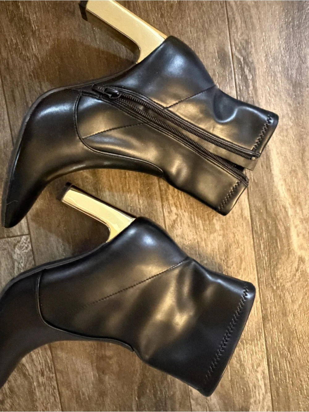A New Day Black Leather Ankle Booties with Gold Block Heel